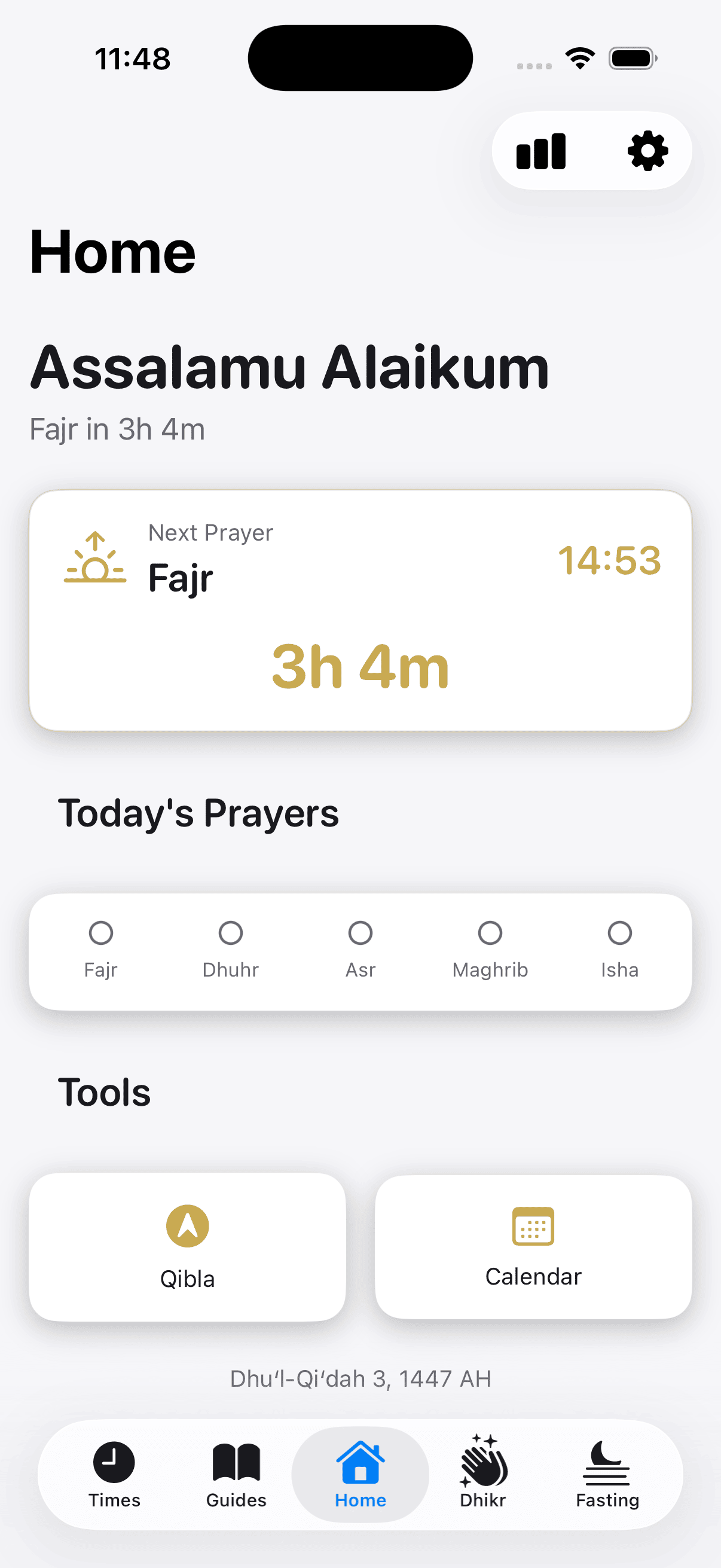 Muslim Keep Home screen showing the next prayer (Fajr) with a 3h 4m countdown, Today's Prayers row, and Tools section with Qibla and Calendar